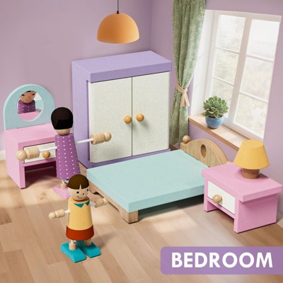 Etokfoks Wooden Dollhouse Furniture Set 39 Pcs 5 Rooms Family Dolls Pets All Wood Doll House Accessories Pretend Play for Kids Ages 3 — фото 4