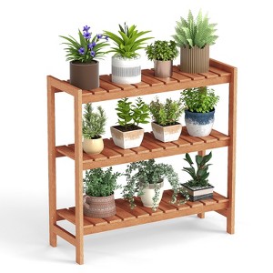 Tangkula 3-Tier Solid Wood Plant Stand w/Slatted Shelves Take Oil Finish Indoor Outdoor - 1 of 4