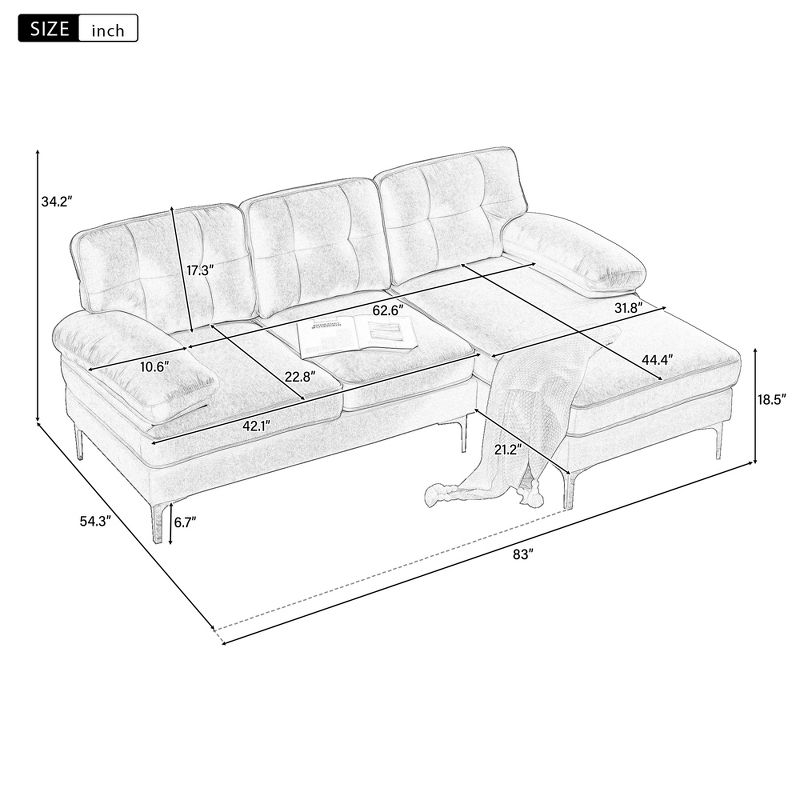 83" Modern Velvet Upholstered Sectional Sofas Couch-ModernLuxe, 3 of 11