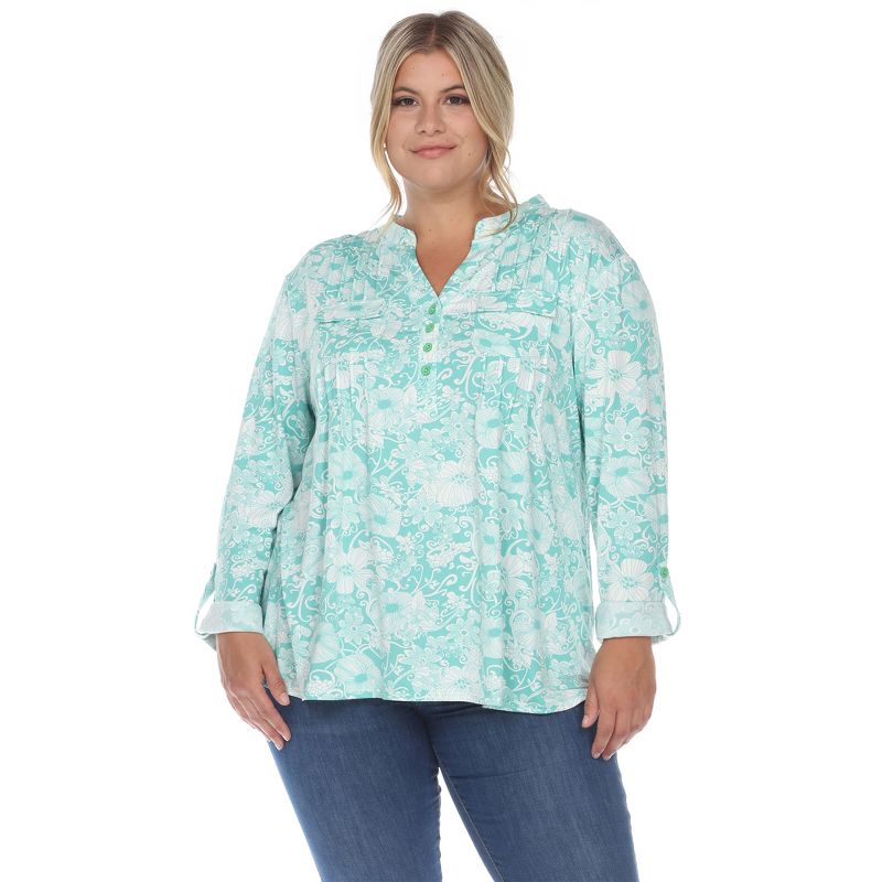 Womens Plus Pleated Long Sleeve Floral Print Blouse - White Mark, 1 of 6