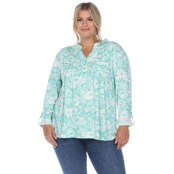 Womens Plus Pleated Long Sleeve Floral Print Blouse - White Mark