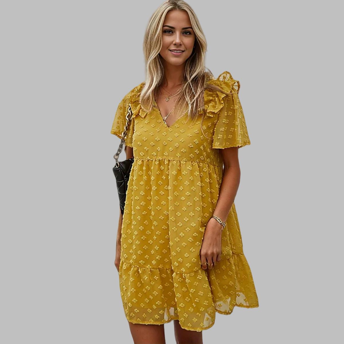 Anna-Kaci Women's Ruffle Sleeve Tiered Mini Dress with Textured Floral Pattern and V-Neckline - thumbnail 6