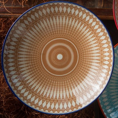 Slickblue Ceramic Pasta Bowl, Large, Geometric Pattern, Ribbed Underside, Bright Colored Trim, Orange