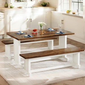 Okak Farmhouse 3-Piece Rectangular Dining Table with Tuck-Under Benches,Minimalist Kitchen Dinner Table for Dining Room,Family Meals - 1 of 4