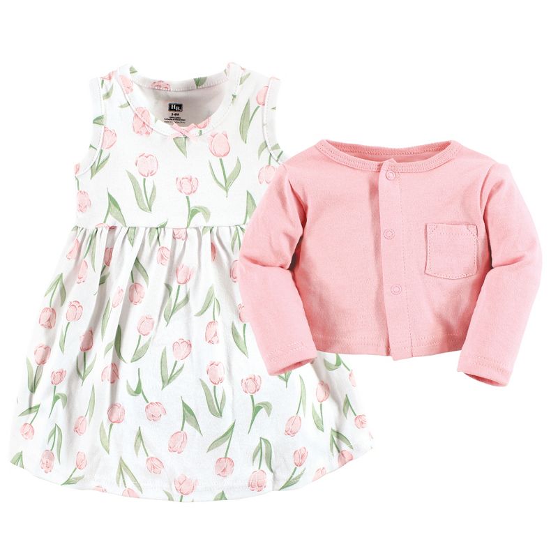 Hudson Baby Infant and Toddler Girl Cotton Dress and Cardigan Set, Pink Tulips, 3 of 6