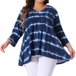Agnes Orinda Women's Plus Size Tie Dye Printed Button Decor V Neck 3/4 Sleeve Flowy Casual T-Shirts - 1 of 4