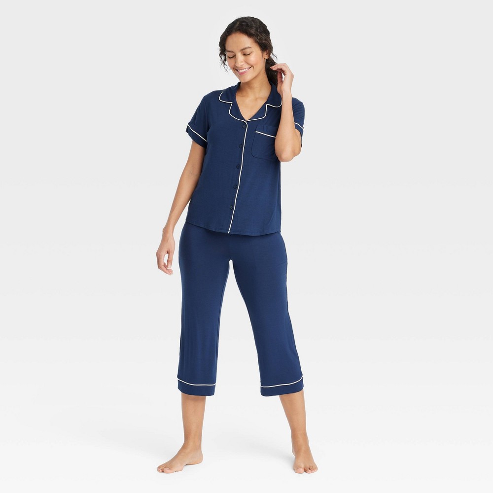 Photos - Other Textiles Women's Cloud Knit Short Sleeve Notch Collar Top and Capri Pants Pajama Set - Auden™ Navy Blue XL: Modal Spandex Blend, Butt