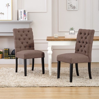 Brown Linen Upholstered Tufted Dining Side Chair with Rubberwood Legs