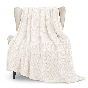 Aoibox Whale Flotilla Extra Large Fuzzy Fleece Throw Blanket for Couch, Fluffy Warm Soft Jacquard Blankets for All Season, Lightweight and Cozy, Ivory - 1 of 4