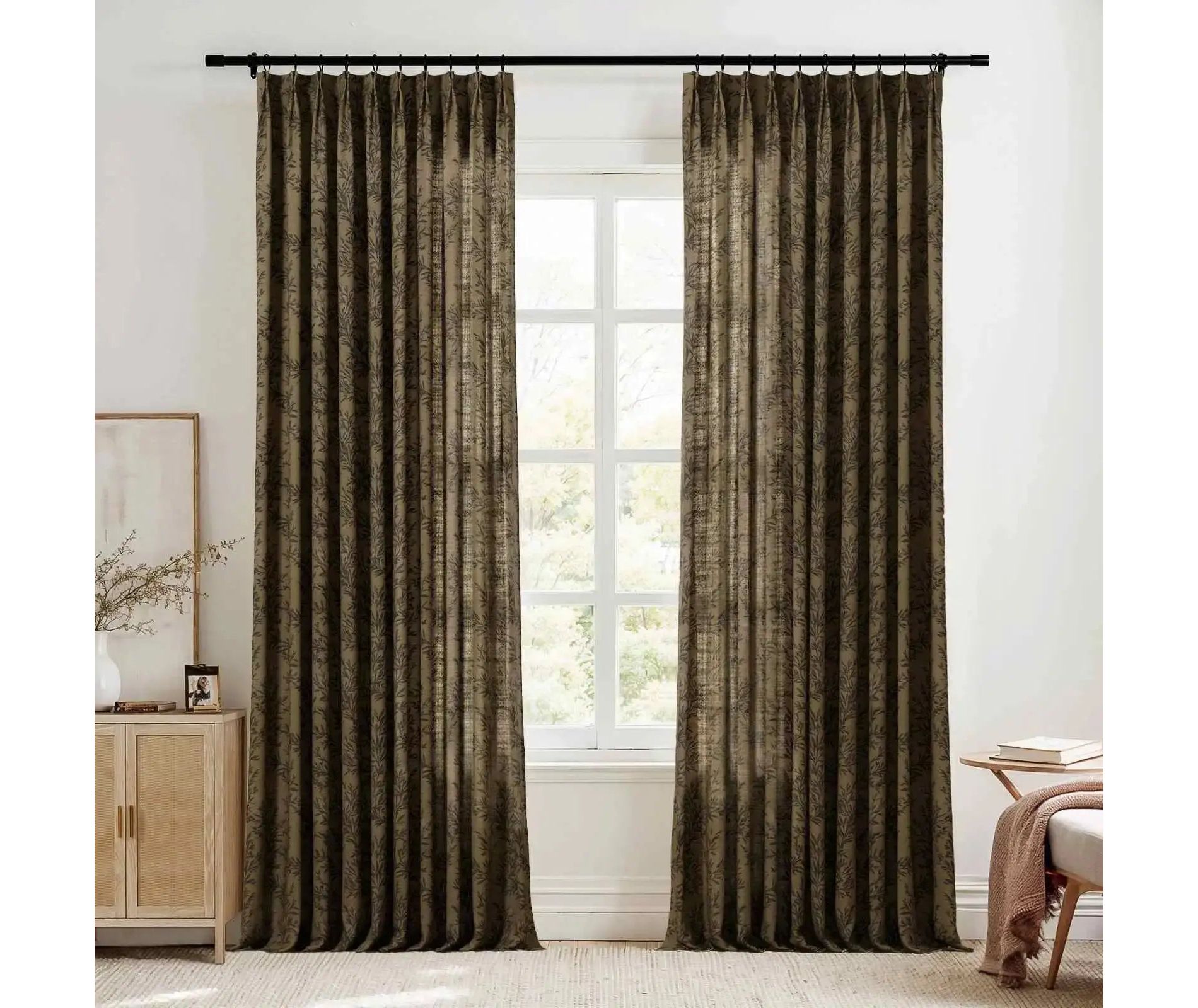 TWOAPGES Sarale Collection Linen Bronze Leaves Print Pinch Pleat Curtain Unlined
