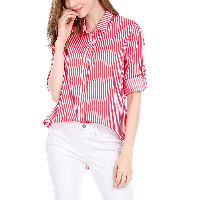Allegra K Women's Striped Button Down Roll-up Long Sleeves Point Collar Shirt, 2 of 6
