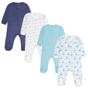 Everyday Kids 4-Pack Baby Boy Sleepers with Zippers – Soft Cotton Footed Pajamas in Blue Solids, Stars, and Whales Playing in the Ocean - 1 of 4