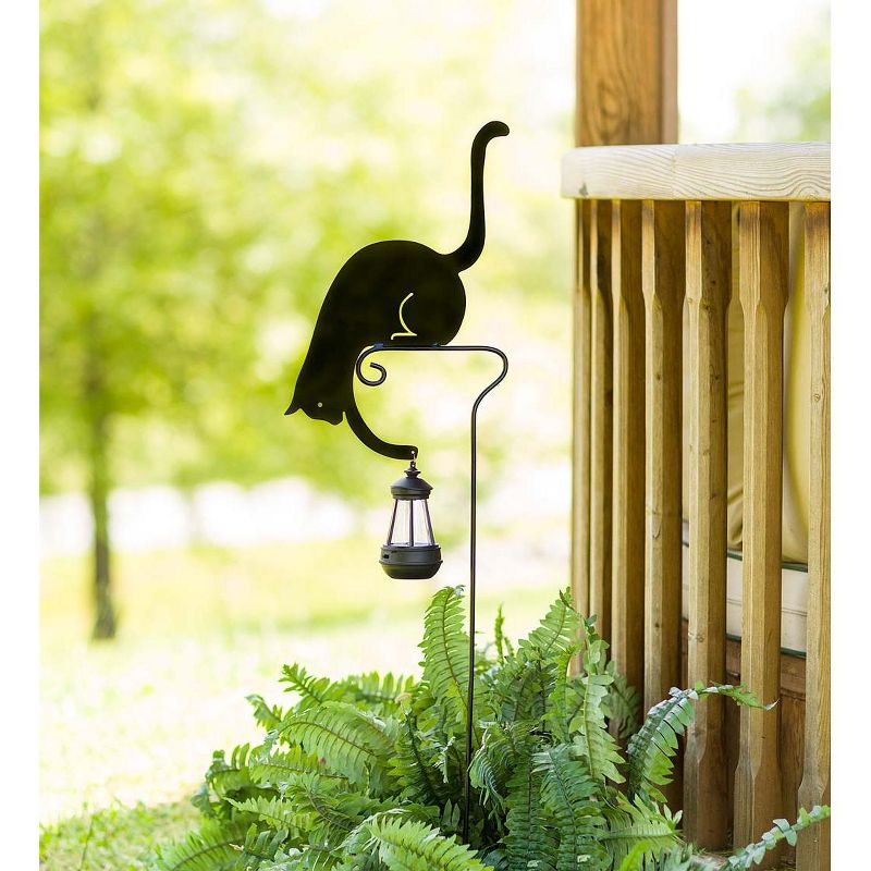 Wind & Weather Black Metal Silhouette Garden Stake of Cat Holding a Solar-Powered Lantern, 2 of 7