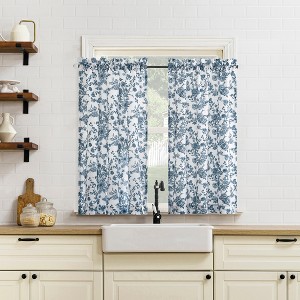 No. 918 2pc 54"x36" Elara Floral Print Semi-Sheer Rod Pocket Kitchen Curtain Tier Pair Indigo - 1 of 4