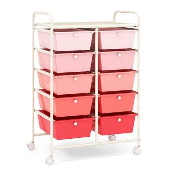 Tangkula 10-Drawer Rolling Storage Cart Tools Scrapbook Paper Organizer on Wheels Pink Gradient
