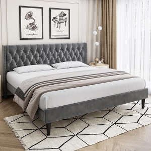 Bed Frame with Velvet Headboard Wingback - 1 of 4