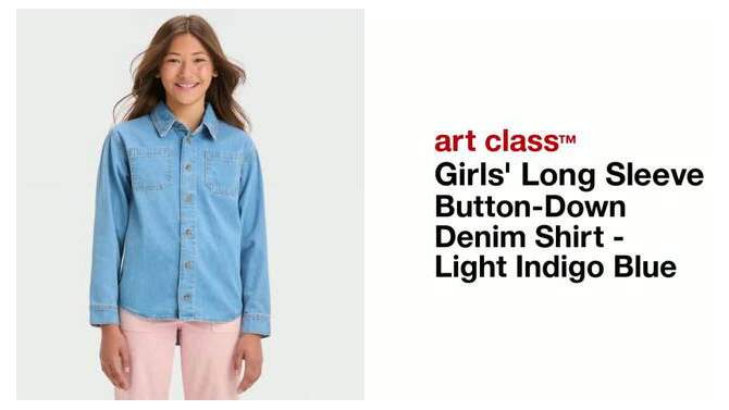 Girls' Long Sleeve Button-Down Denim Shirt - art class™ Light Indigo Blue, 2 of 7, play video