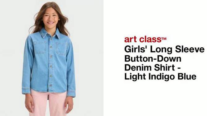 Girls' Long Sleeve Button-Down Denim Shirt - art class™ Light Indigo Blue, 2 of 7, play video