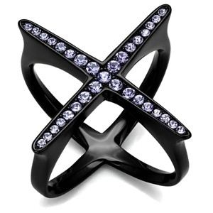 Women’s Stainless Steel Ring, IP Black Finish, Amethyst Crystal X Design, Single-Tone Fashion Band, Sizes 5-10 - 1 of 4