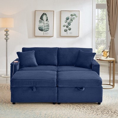 GDFStudio Tenley Modern Chenille Loveseat with Oversized Storage Ottoman, Convertible Armrest Tabletop and Built-In USB Port