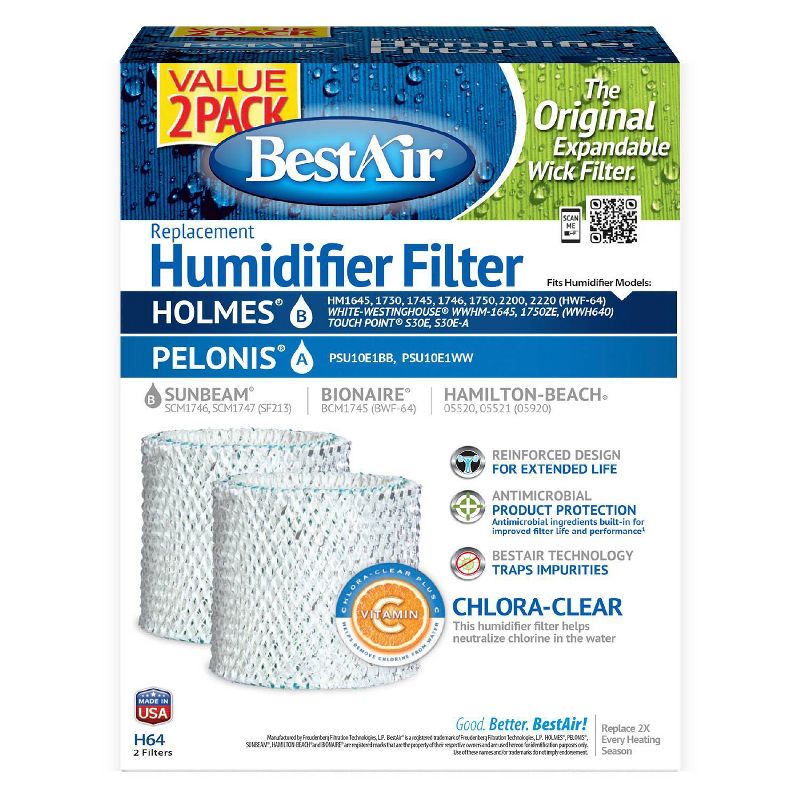 BestAir 2pk H64 Humidifier Replacement Filter for Holmes Humidifiers, 1 of 5
