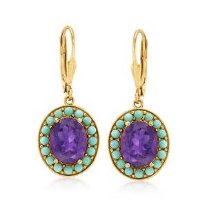 Ross-Simons Turquoise and 5.00 ct. t.w. Amethyst Drop Earrings in 18kt Gold Over Sterling - 1 of 3