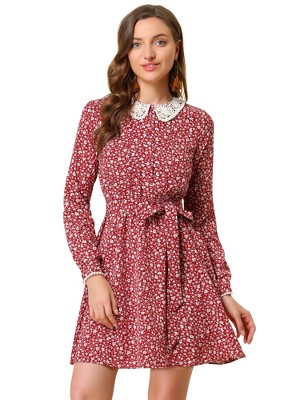 Allegra K Women's Peter Pan Collar Long Sleeve Half Placket Floral Dresses