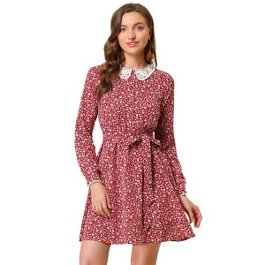 Allegra K Women's Peter Pan Collar Long Sleeve Half Placket Floral Dresses - 1 of 4