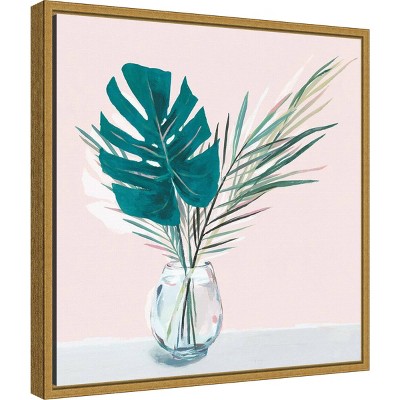 Tropical Green Leaves on Pink Canvas Wall Art with Gold Frame