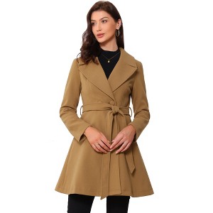 Allegra K Women's Elegant Notched Collar Single Belted Winter Long Coat - 1 of 4