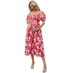 Women's Maternity Puff Sleeve Smocked Maxi Dress Pregnancy Comfortable Long Summer Dress - 1 of 4