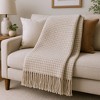HomeRoots 50" X 67" Sand And Cream Cotton Blend Woven Plaid Throw Blanket with Fringe - 2 of 4