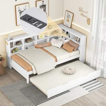 Twin Size Wooden DayBed with Twin Trundle, Storage Shelf and USB Charging Ports - ModernLuxe