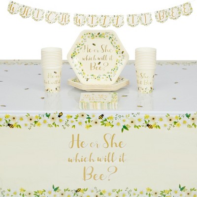 Sparkle and Bash Serves 24, 75 Pieces Gender Reveal Bee Theme Disposable Party Pack, He Or She What Will It Bee