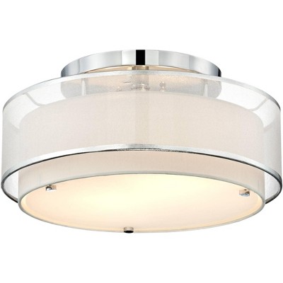 Possini Euro Design Modern Ceiling Light Semi Flush Mount Fixture Chrome 16" Wide Double Organza Fabric Drum Shade Bedroom Kitchen