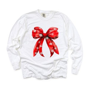Simply Sage Market Women's Coquette Christmas Snowflake Bow Long Sleeve Garment Dyed Tee - 1 of 4