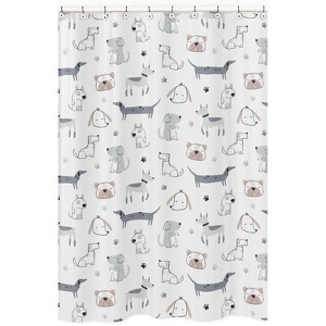 Sweet Jojo Designs Boy, Girl, Unisex/Gender Neutral Shower Curtain 72in.x72in. Cartoon Puppy Grey Taupe and Blue - 1 of 4