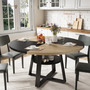 47.2 Inch Round Dining Table for 4-6 People - Farmhouse Kitchen Table with 2-Tier Storage Shelf & x-Shaped Metal Base - 1 of 4