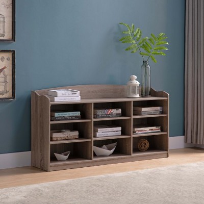 Wooden Shoe Storage Bench  9-Cubby Entryway Organizer with Top Shelf, Holds up to 18 Pairs, Dark Taupe Finish