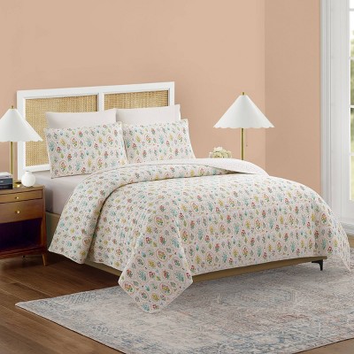 White Floral Reversible Cotton King Quilt Set