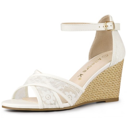 White Floral Lace Wedge Shoes