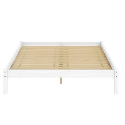 DOMETOUR Pine Solid Wood Basic Platform Bed Queen White with Full Slats Honey Wax Finish
