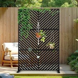 TOAOTBNBO Metal Privacy Screen with Stand, Decorative Privacy Fence Panels with Parallel Lines Pattern, Outdoor Privacy Screen for Garden, Black - 1 of 4