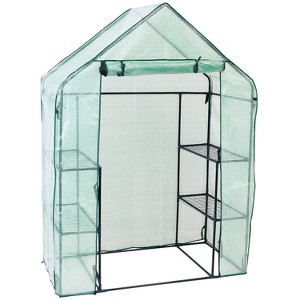 Sunnydaze Outdoor Portable Tiered Growing Rack Deluxe Walk-In Greenhouse with Roll-Up Door - 4 Shelves - Green - 1 of 4