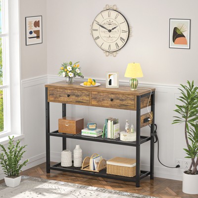 Aheaplus Entryway Table with Drawers, Sofa Table with Storage Shelves, Console Table with Charging Station