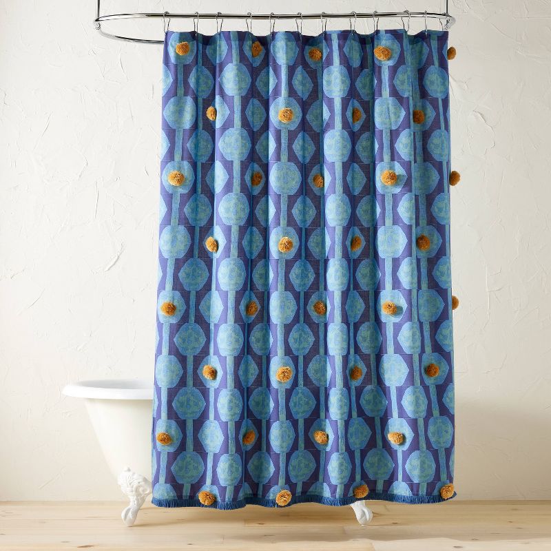 In The Name of Love Shower Curtain with Poms Blue - Opalhouse&#8482; designed by Jungalow&#8482;, 1 of 8