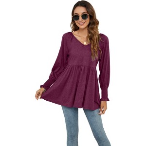 YESFASHION Womens Casual Fall Long Sleeve Tunic Tops V Neck Babydoll Top Blouse T-Shirt - 1 of 4
