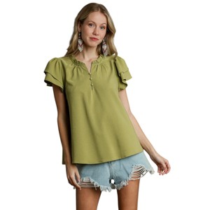 Slickblue Women's Boxy Fit Faux Button Top, Ruffle Neckline, Layered Short Sleeves, Avocado, Size S-L - 1 of 4