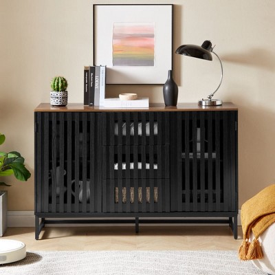 Okak Chic Slatted Dresser with 3/6 Drawers,Modern Style Chest of Drawers for Living Room,Entryway,Slatted Grille&Metal Legs,Black&Brown