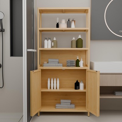Dolonm 64.7 in. Tall Double-Door Bamboo Storage Rack with Shelves, Natural Finish for Bathroom& Bedrooms or Entryways